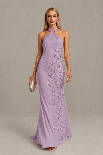 BOLODOO Dusty Purple Cross Halter Neck 3D Floral Appliqué Backless Mermaid Maxi Gown - Dusty Purple - Dusty_Purple_1