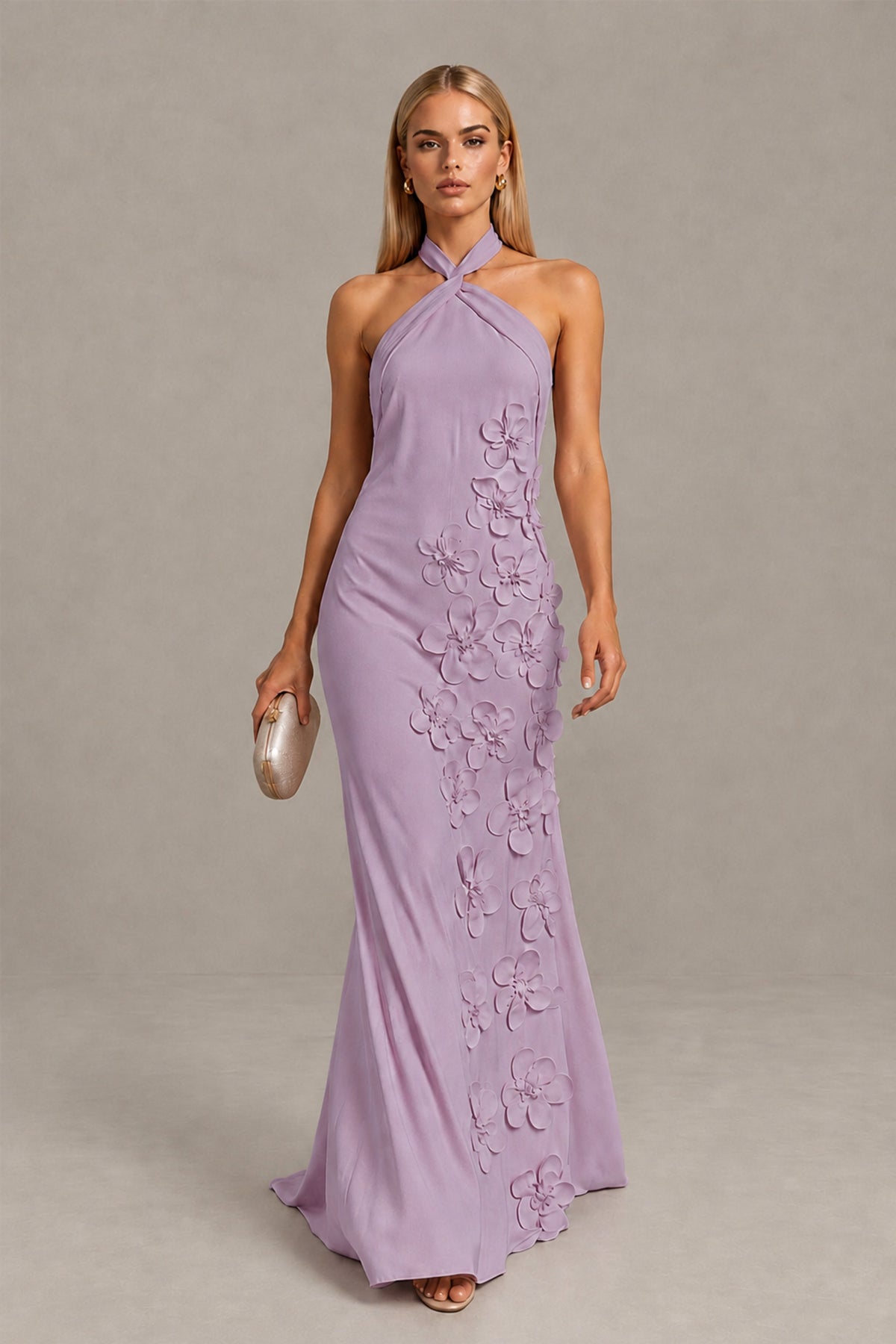 BOLODOO Dusty Purple Cross Halter Neck 3D Floral Appliqué Backless Mermaid Maxi Gown - Dusty Purple - Dusty_Purple_1