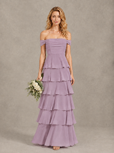 BOLODOO Dusty Purple Off-Shoulder Tiered Ruffle Bridesmaid Dress with Lace-Up Back - Dusty Purple - Dusty Purple_1