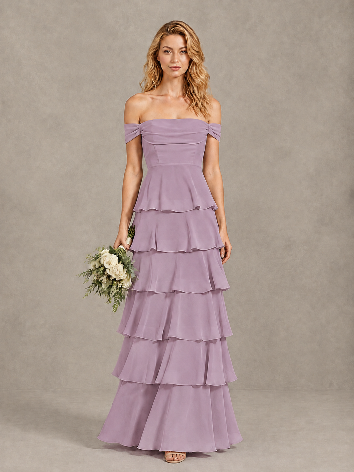 BOLODOO Dusty Purple Off-Shoulder Tiered Ruffle Bridesmaid Dress with Lace-Up Back - Dusty Purple - Dusty Purple_1