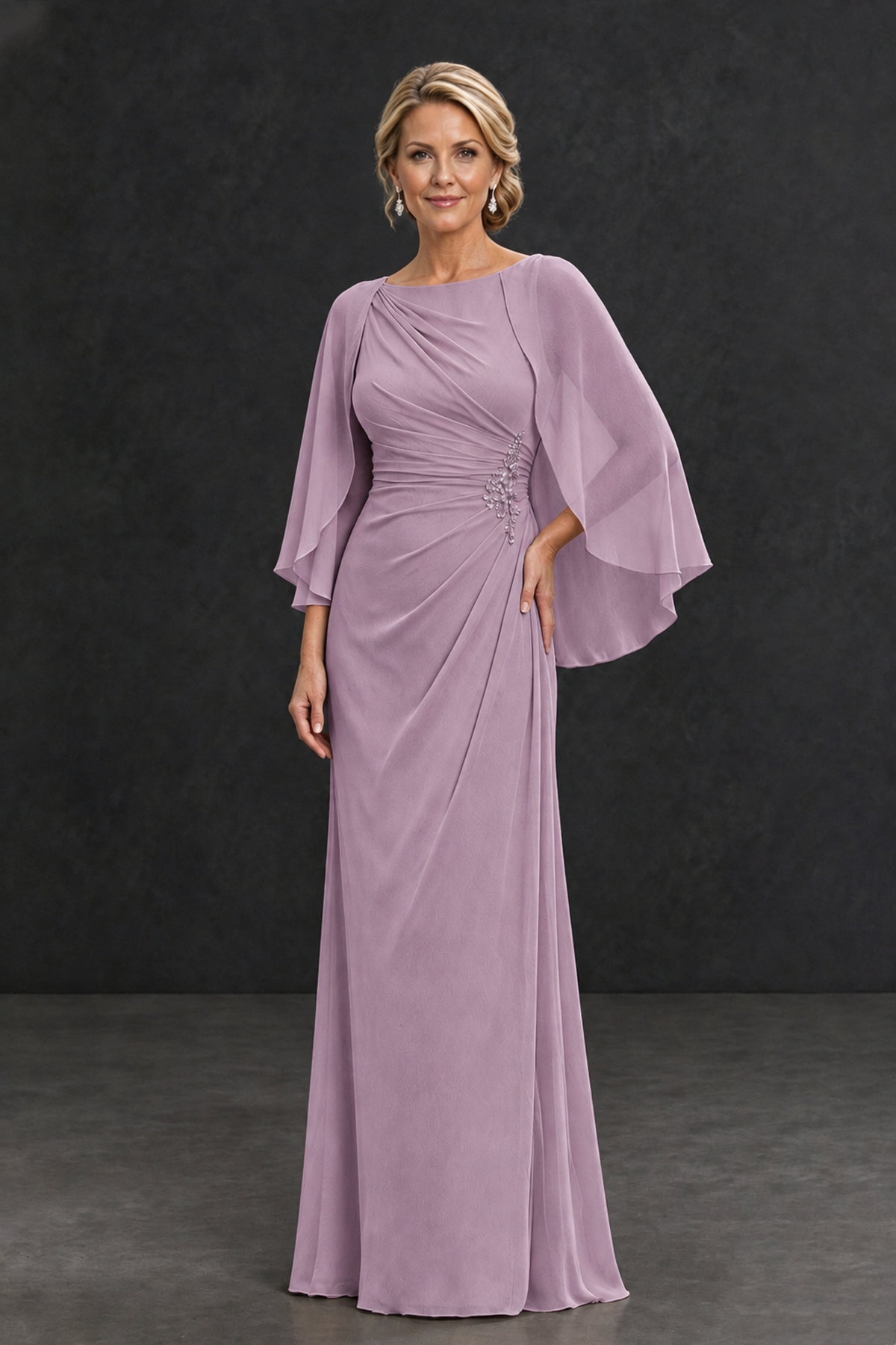 BOLODOO Dusty Purple Cape Sleeve Mother of the Bride Dress with Ruched Waist - Dusty Purple - Dusty Purple_1
