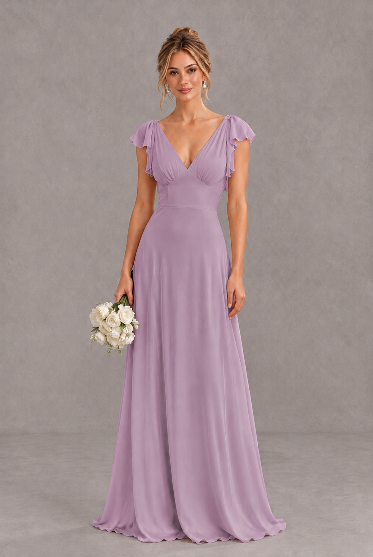 BOLODOO Dusty Purple V-Neck Flutter Sleeve A-Line Bridesmaid Dress - Dusty Purple - Dusty Purple_1