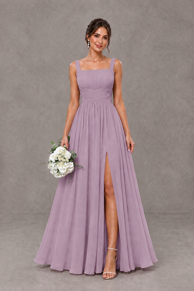 BOLODOO Dusty Purple Square Neck A-Line Bridesmaid Dress with Slit - Dusty Purple - Dusty Purple_1