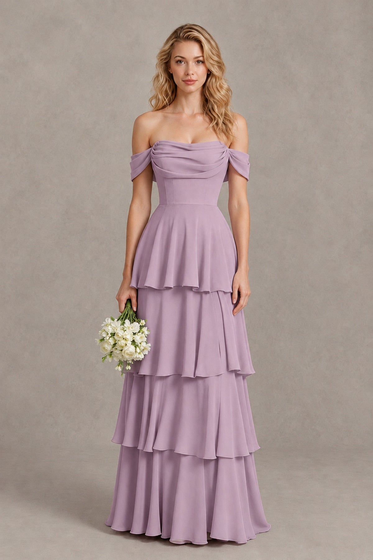 BOLODOO Dusty Purple Off-the-Shoulder Tiered A-Line Evening Bridesmaid Dress - Dusty Purple - Dusty Purple_1