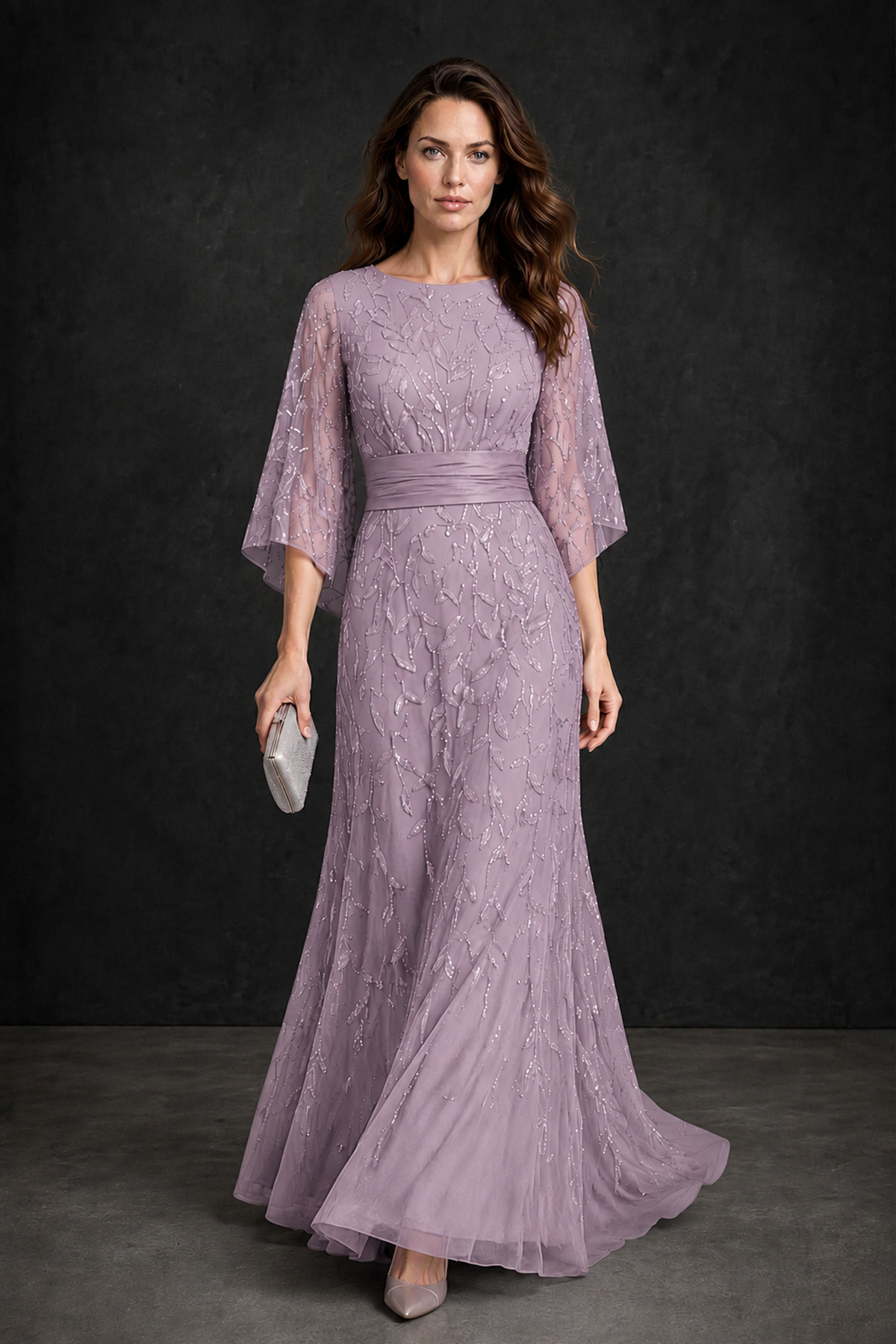 BOLODOO Dusty Purple Bateau Neck Bell Sleeve Sequin Embroidered Satin Waist A-Line Maxi Dress - Dusty Purple - Dusty_Purple_1