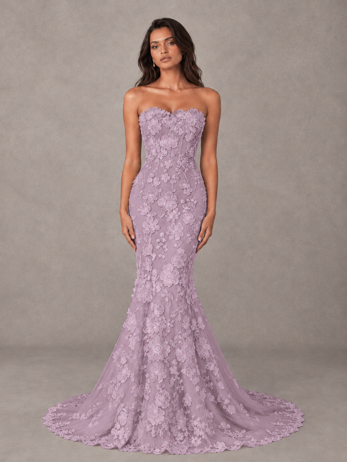 BOLODOO Dusty Purple Strapless 3D Floral Lace Mermaid Prom Dress with Train - Dusty Purple - Dusty Purple_1