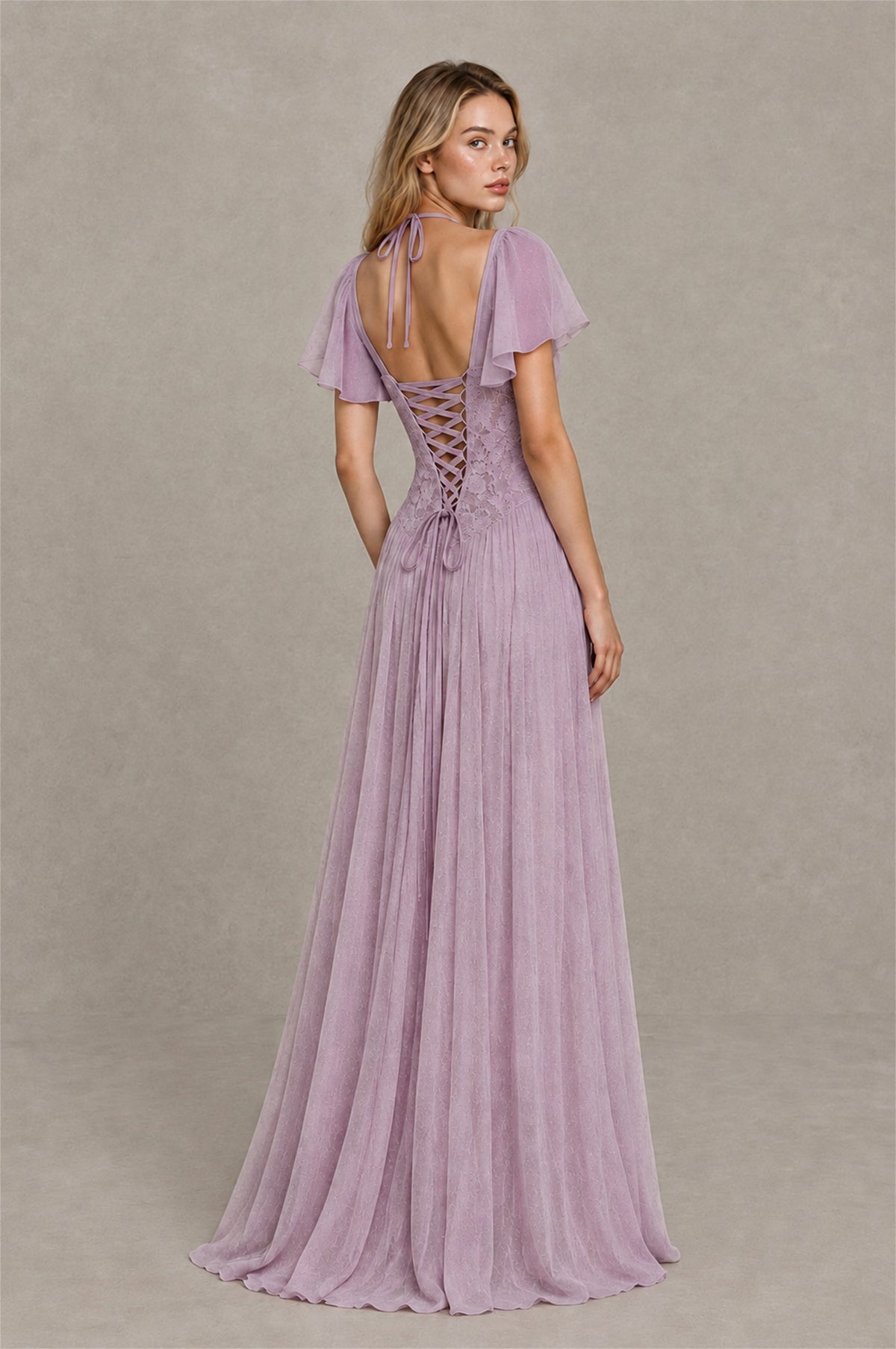 BOLODOO Dusty Purple Flutter Sleeve Lace Corset A-Line Maxi Dress - Dusty_Purple - Dusty_Purple_2