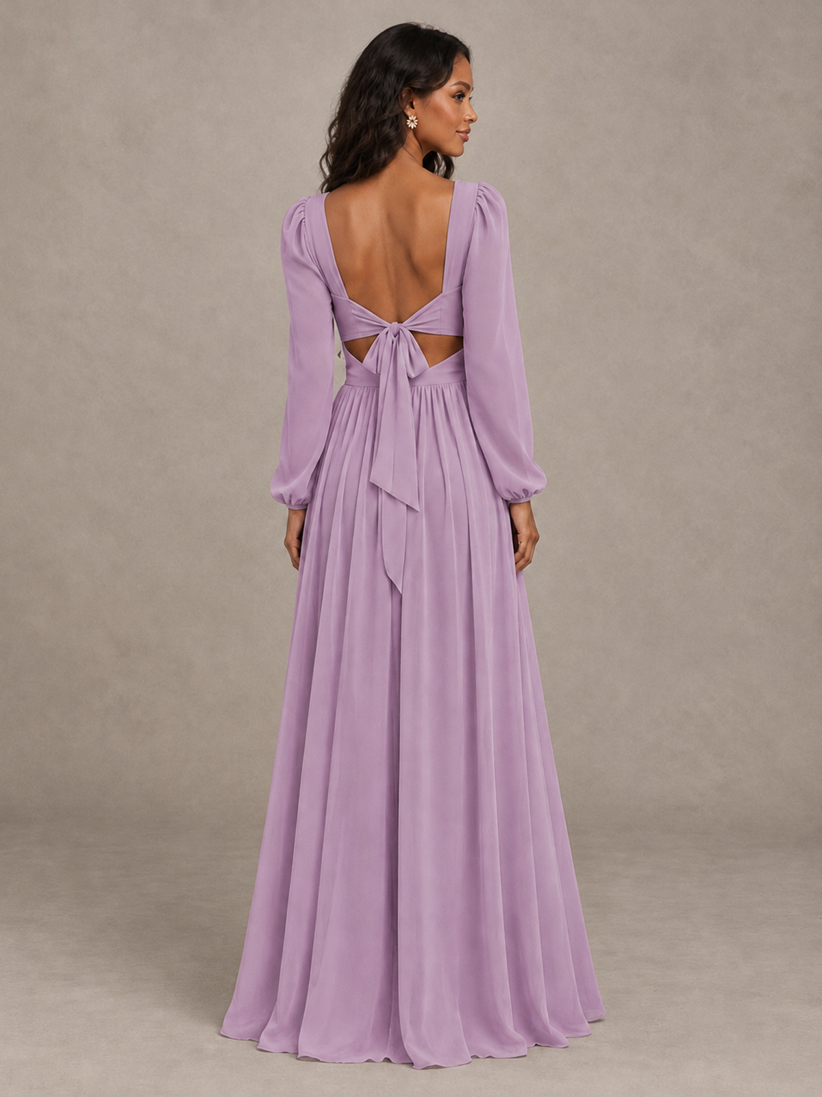 BOLODOO Dusty Purple V-Neck Long Sleeve Bridesmaid Dress with Tie Back and Slit - Dusty Purple - Dusty Purple_2