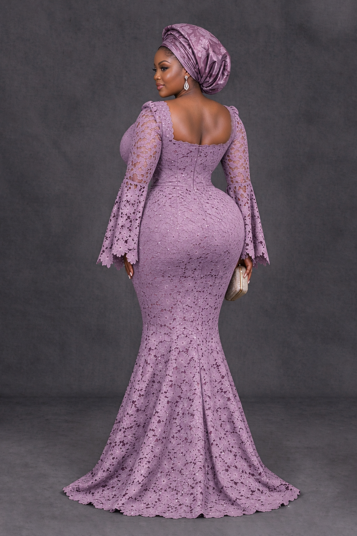 BOLODOO Dusty Purple African Lace Mermaid Dress, Plus Size Nigerian Wedding Guest Gown with Bell Sleeves - Dusty Purple - Dusty Purple_2