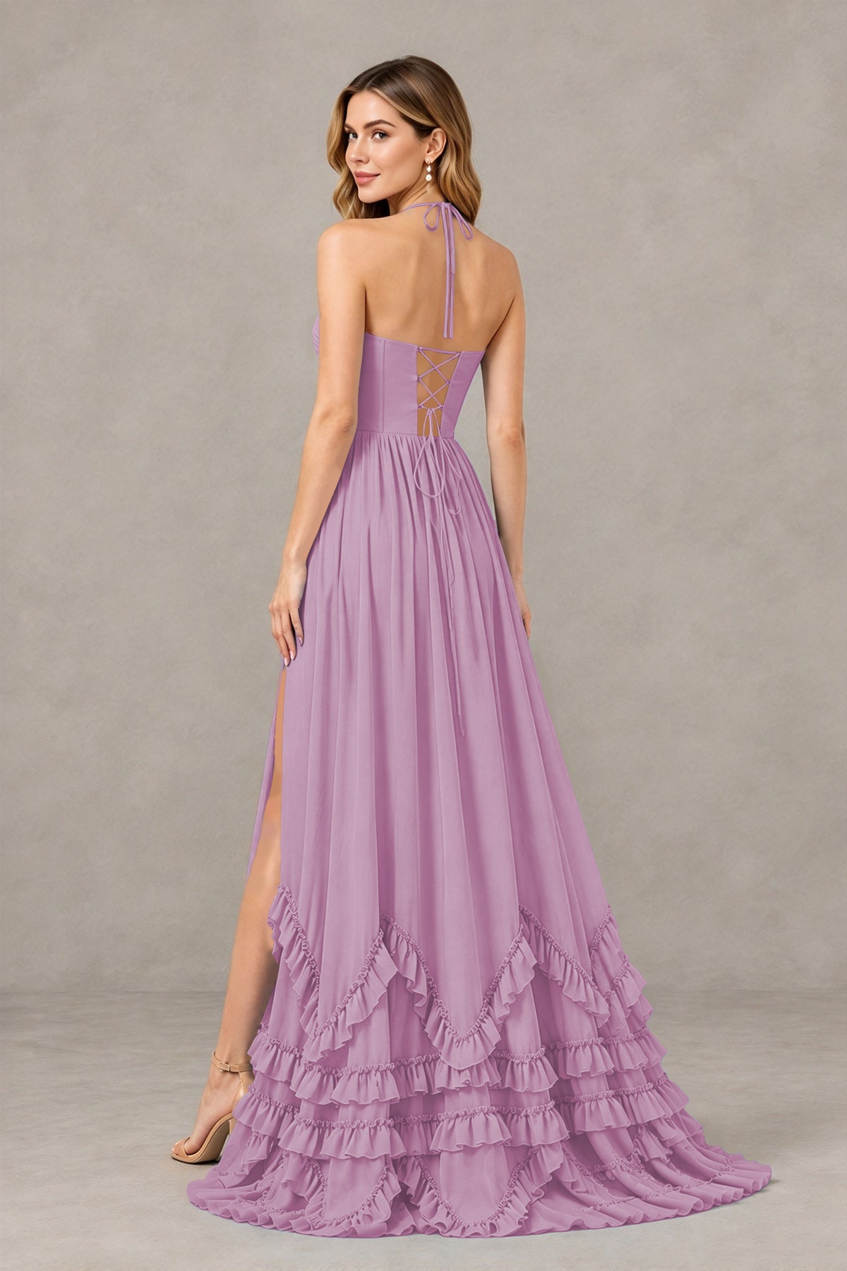 BOLODOO Dusty Purple Halter Ruffle Hem A-Line Bridesmaid Dress with High Slit - Dusty Purple - Dusty Purple(2)