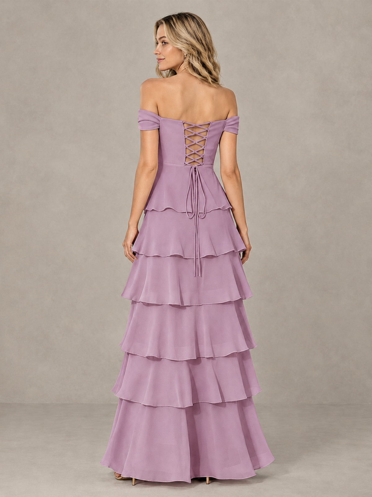 BOLODOO Dusty Purple Off-Shoulder Tiered Ruffle Bridesmaid Dress with Lace-Up Back - Dusty Purple - Dusty Purple_2