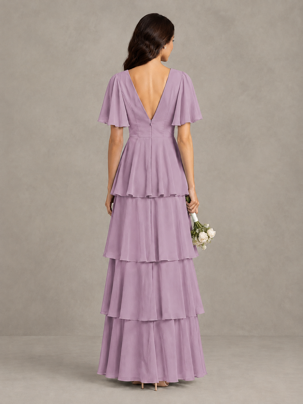 BOLODOO Dusty Purple Tiered Flutter Sleeve Bridesmaid Dress - Dusty Purple - Dusty Purple_2