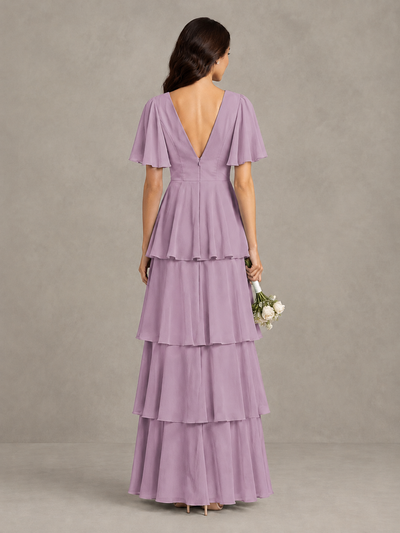 BOLODOO Dusty Purple Tiered Flutter Sleeve Bridesmaid Dress - Dusty Purple - Dusty Purple_2