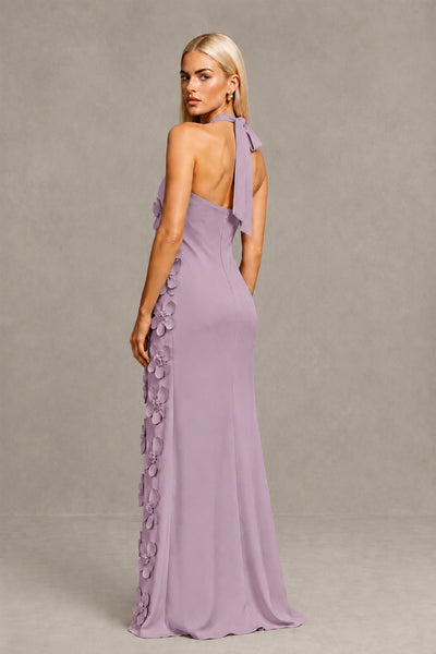 BOLODOO Dusty Purple Cross Halter Neck 3D Floral Appliqué Backless Mermaid Maxi Gown - Dusty Purple - Dusty_Purple_2