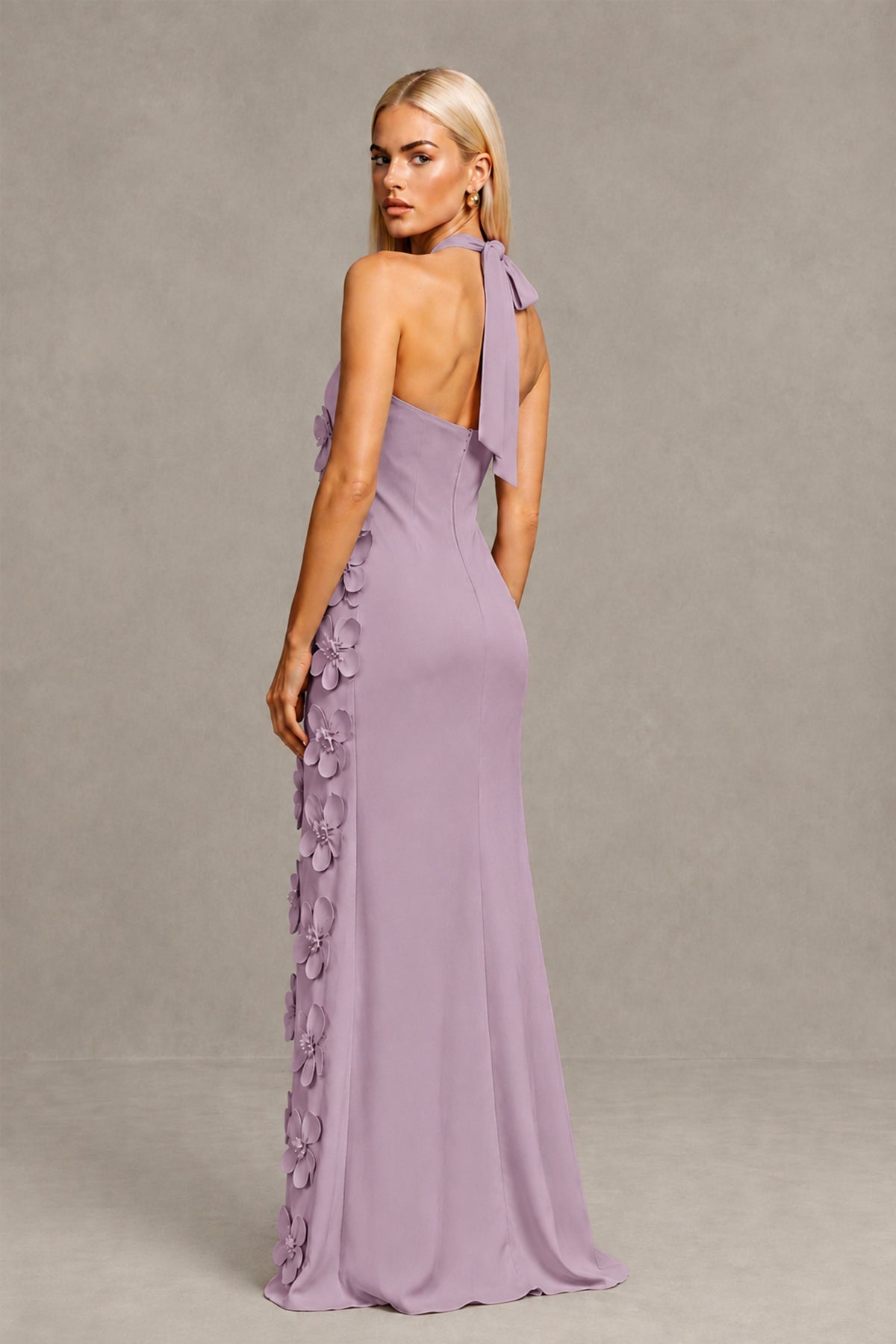 BOLODOO Dusty Purple Cross Halter Neck 3D Floral Appliqué Backless Mermaid Maxi Gown - Dusty Purple - Dusty_Purple_2