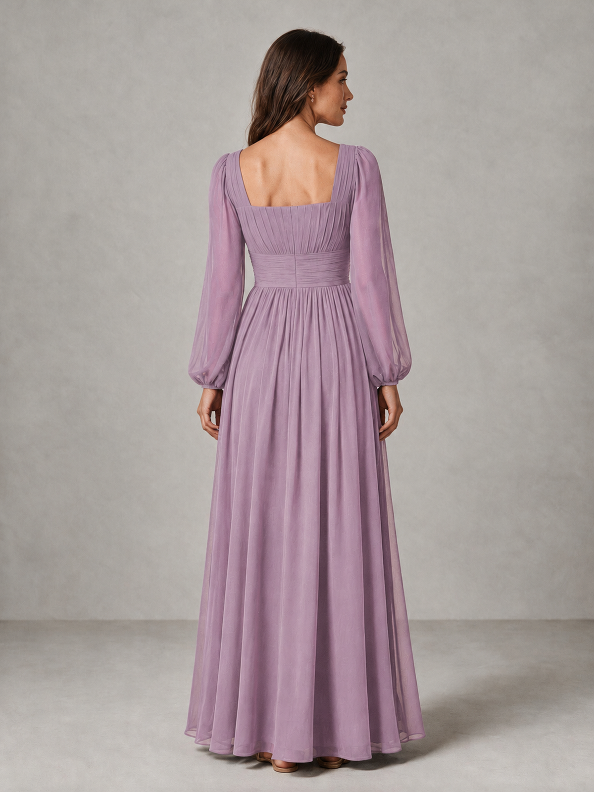 BOLODOO Dusty Purple Square Neck Long Sleeve Chiffon Bridesmaid Dress - Dusty Purple - Dusty Purple_2