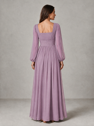 BOLODOO Dusty Purple Square Neck Long Sleeve Chiffon Bridesmaid Dress - Dusty Purple - Dusty Purple_2