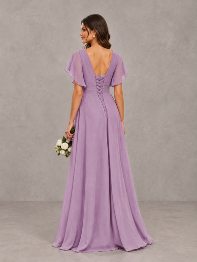 BOLODOO Dusty Purple Flutter Sleeve V-Neck Bridesmaid Dress with Ruffle Slit - Dusty Purple - Dusty Purple_2