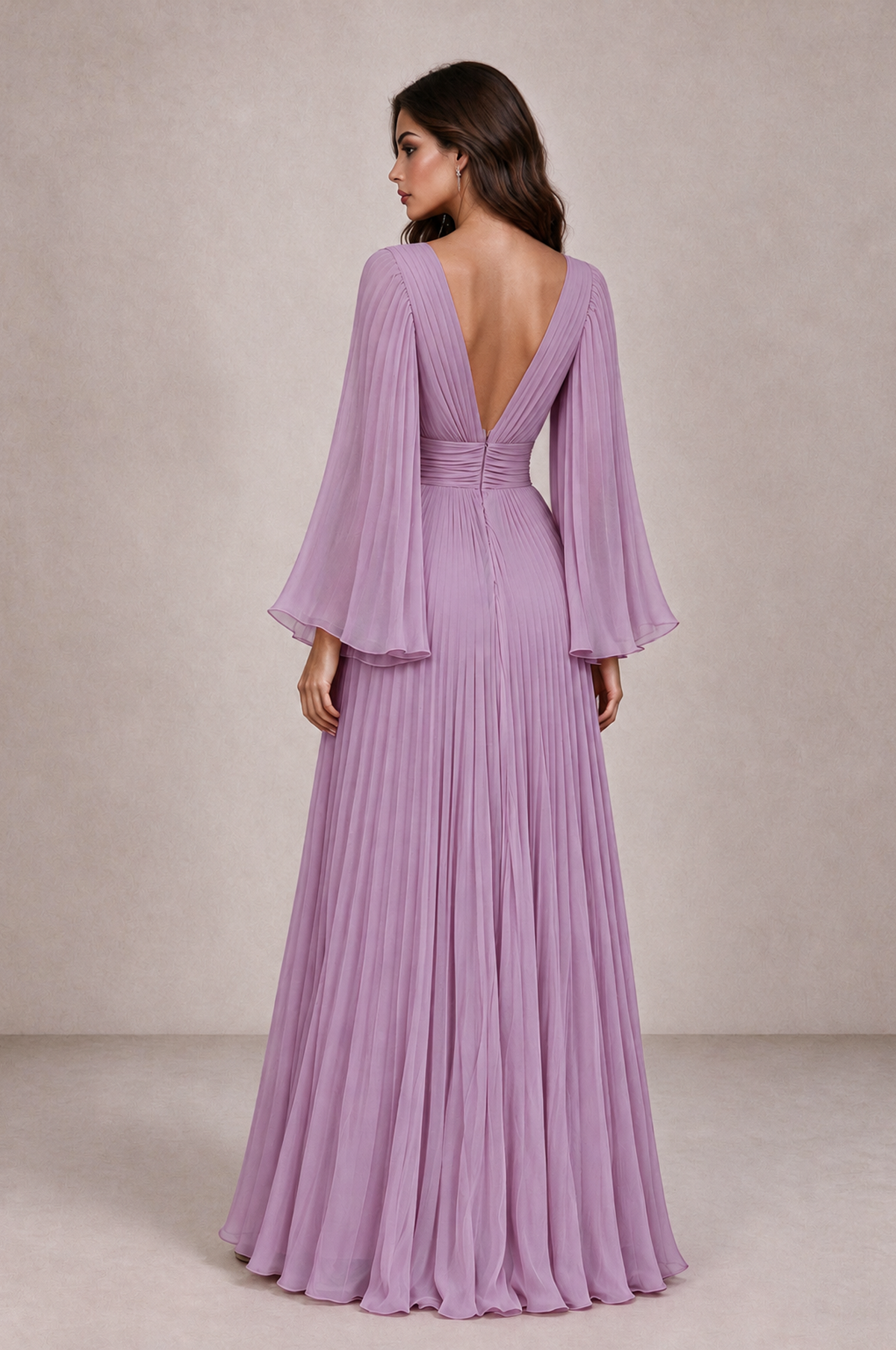BOLODOO Dusty Purple Pleated Deep V-Neck Long Bell Sleeve Evening Dress - Dusty Purple - Dusty_Purple_2