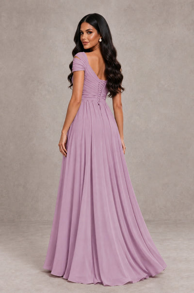 BOLODOO Dusty Purple Cold Shoulder Chiffon Evening Dress with V Neck and High Slit - Dusty Purple - Dusty Purple_2