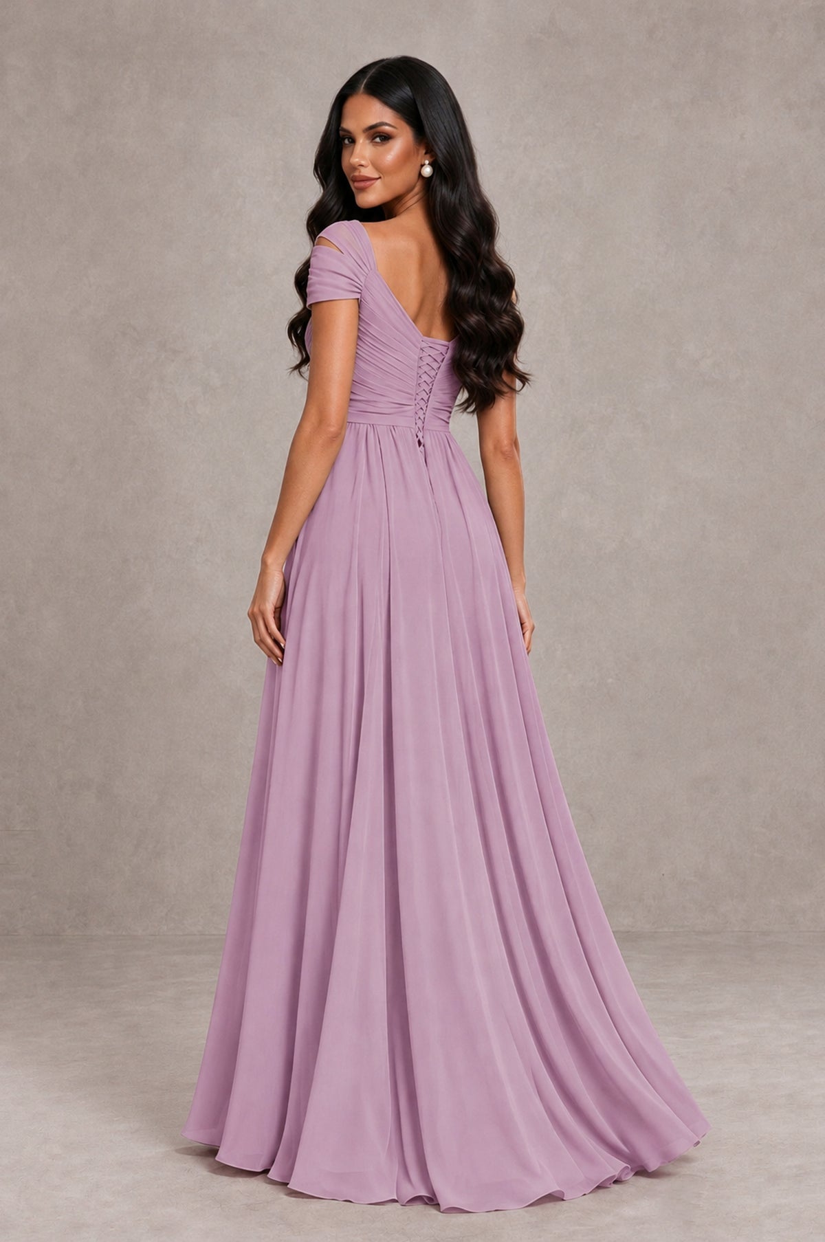BOLODOO Dusty Purple Cold Shoulder Chiffon Evening Dress with V Neck and High Slit - Dusty Purple - Dusty Purple_2