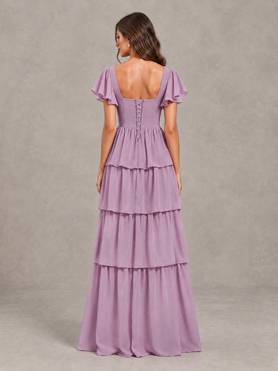 BOLODOO Dusty Purple Flutter Sleeve Tiered Maxi Bridesmaid Dress - Dusty Purple - Dusty Purple_2