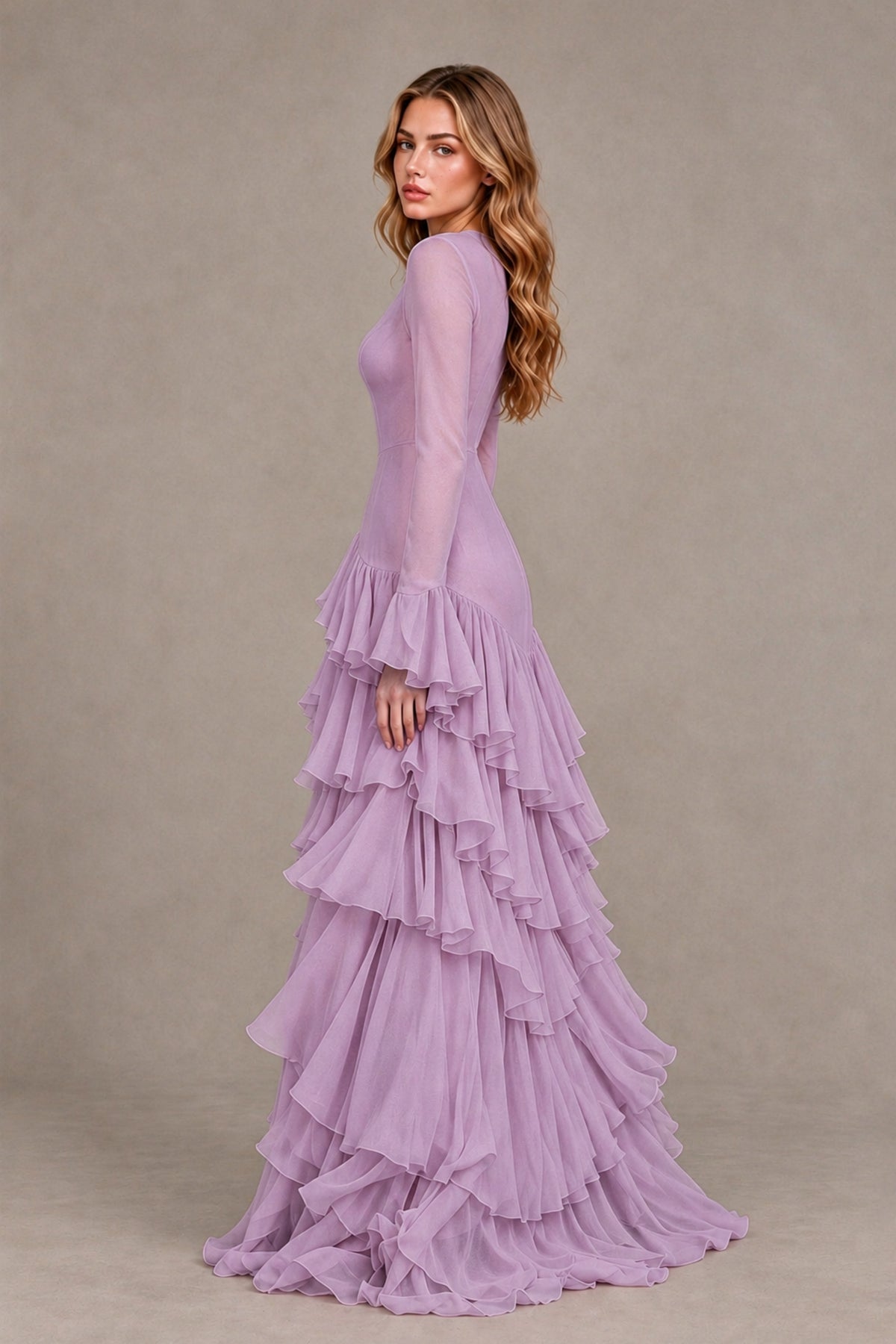 Dusty Purple Long Sleeve Tiered Ruffle Evening Gown - Dusty Purple - Dusty Purple_2