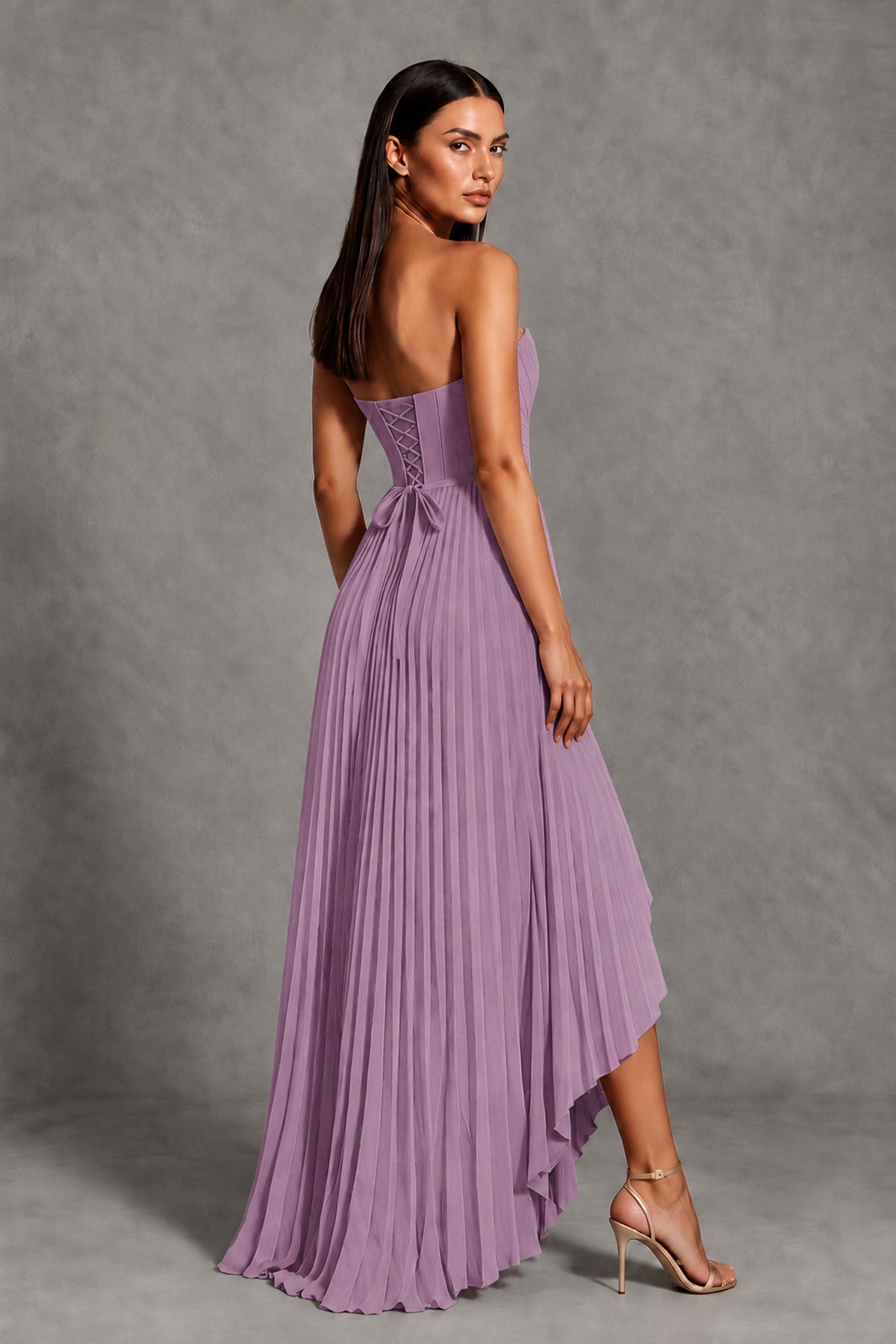 Dusty Purple Strapless Pleated High-Low Evening Gown with Ruffle Hem - Dusty Purple - Dusty_Purple_2