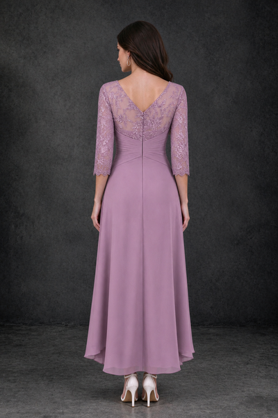 BOLODOO Dusty Purple Sequin Lace & Chiffon Tea-Length Mother of the Bride Dress with 3/4 Sleeves - Dusty Purple - Dusty_Purple_2
