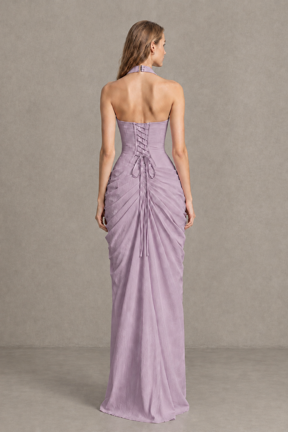 BOLODOO Dusty Purple Halter Neck Ruched Maxi Dress with High Slit - Dusty Purple - Dusty_Purple_2