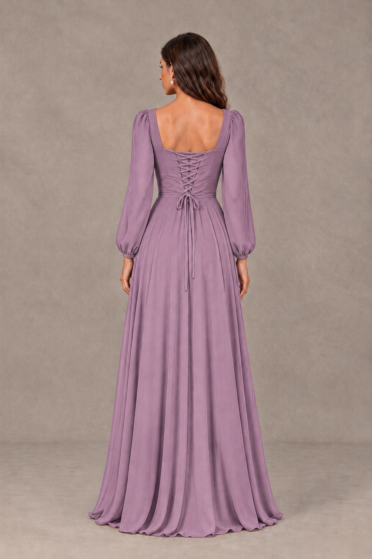 BOLODOO Dusty Purple Square Neck Long Sleeve A-Line Bridesmaid Dress - Dusty Purple - Dusty Purple_2