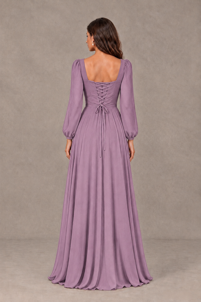 BOLODOO Dusty Purple Square Neck Long Sleeve A-Line Bridesmaid Dress - Dusty Purple - Dusty Purple_2
