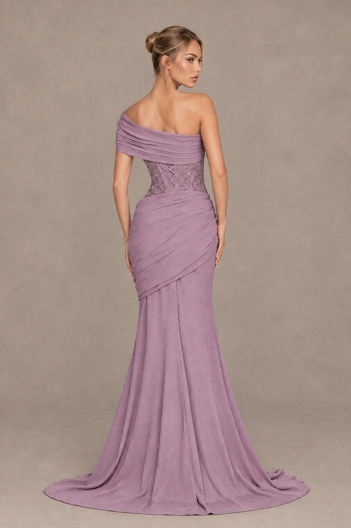 BOLODOO Dusty Purple One-Shoulder Sequin Embroidered Ruched Mermaid Gown with Train - Dusty Purple - Dusty Purple_2