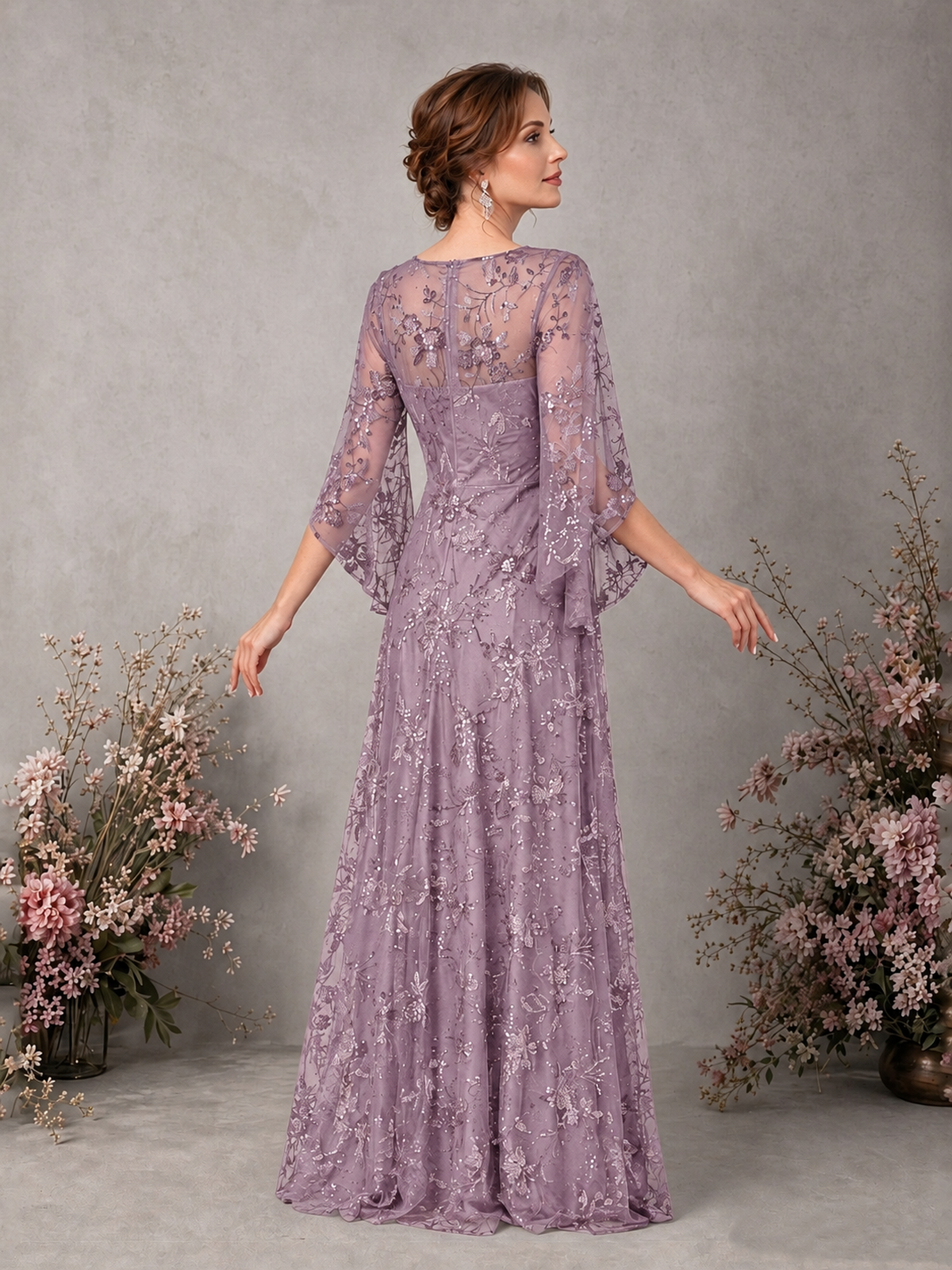 BOLODOO Dusty Purple Sequin Lace Cape Sleeve Formal Evening Gown - Dusty Purple - Dusty Purple_2