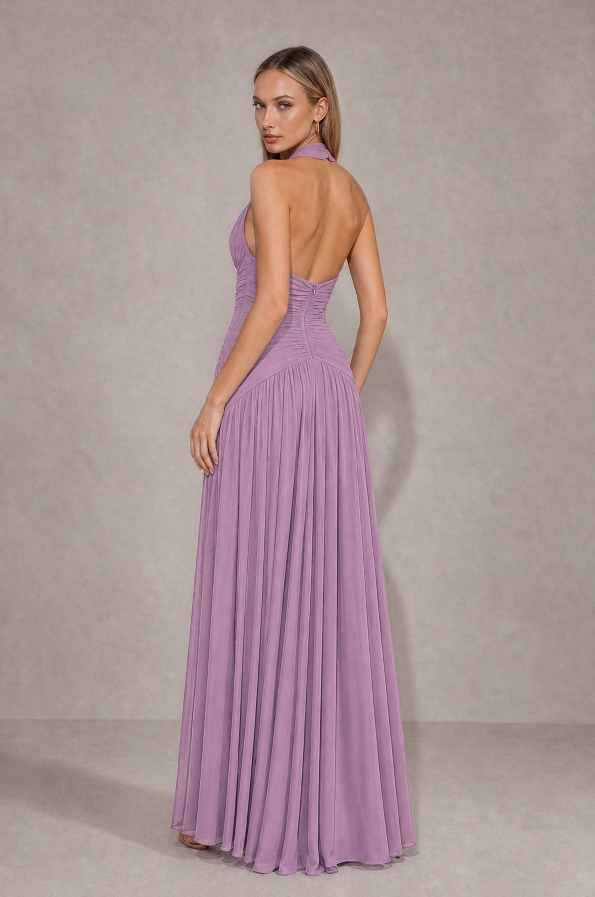 BOLODOO Dusty Purple Chiffon Halter Deep V-Neck Ruched A-Line Backless Maxi Dress with Train-BD0167 - Dusty Purple - Dusty Purple_2