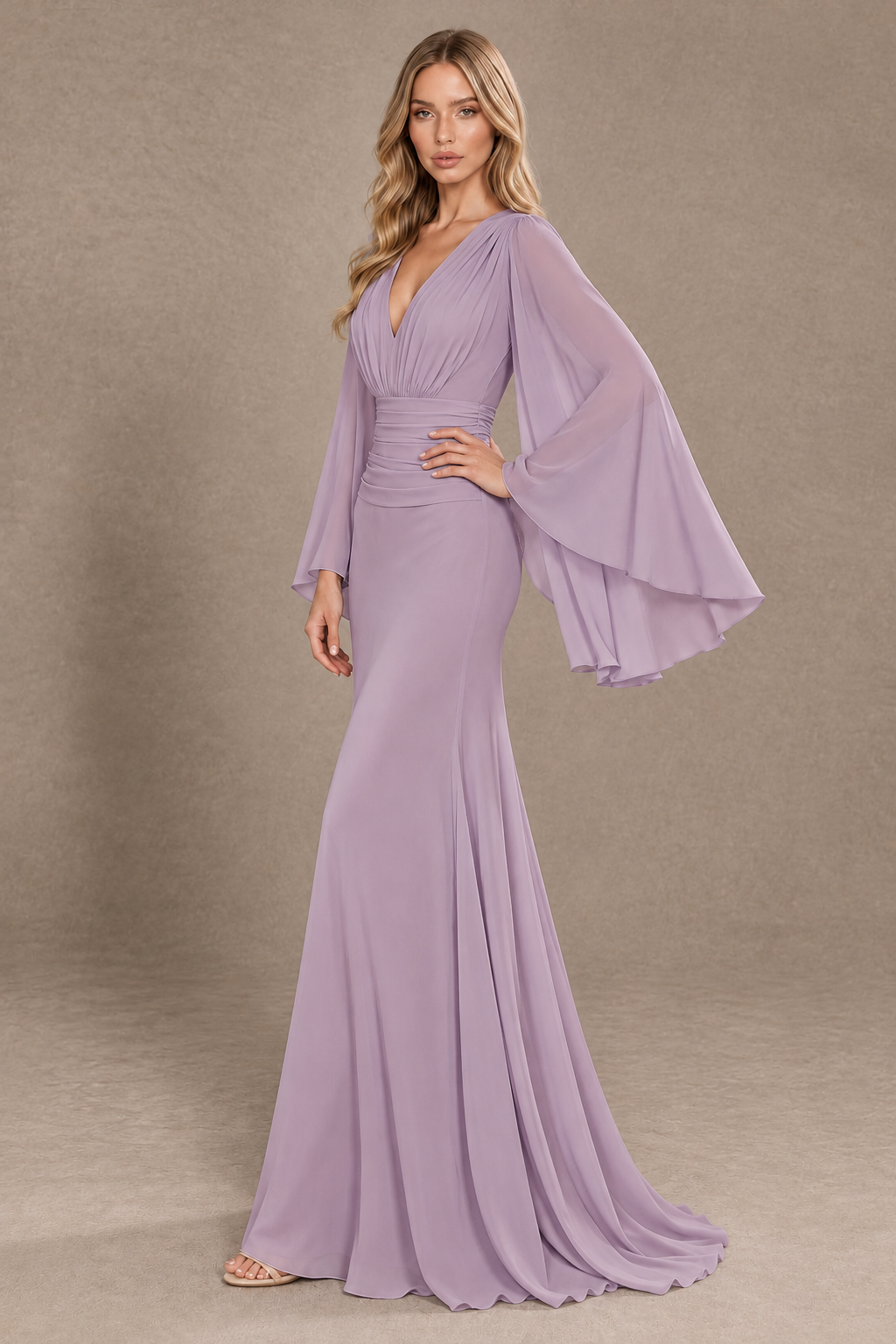 BOLODOO Dusty Purple Cape Sleeve V-Neck Ruched Chiffon Evening Dress - Dusty Purple - Dusty Purple_2