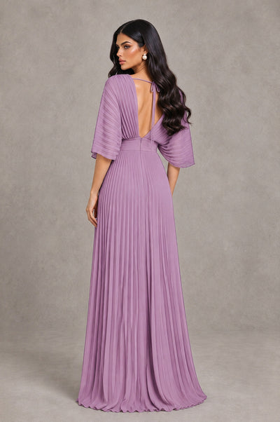 BOLODOO Dusty Purple V-Neck Pleated Flutter Sleeve Formal Dress - Dusty Purple - Dusty Purple_2