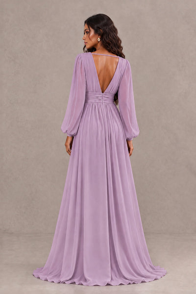 BOLODOO Dusty Purple Long Sleeve V-Neck A-Line Gown with Open Back & Slit - Dusty Purple - Dusty Purple_2