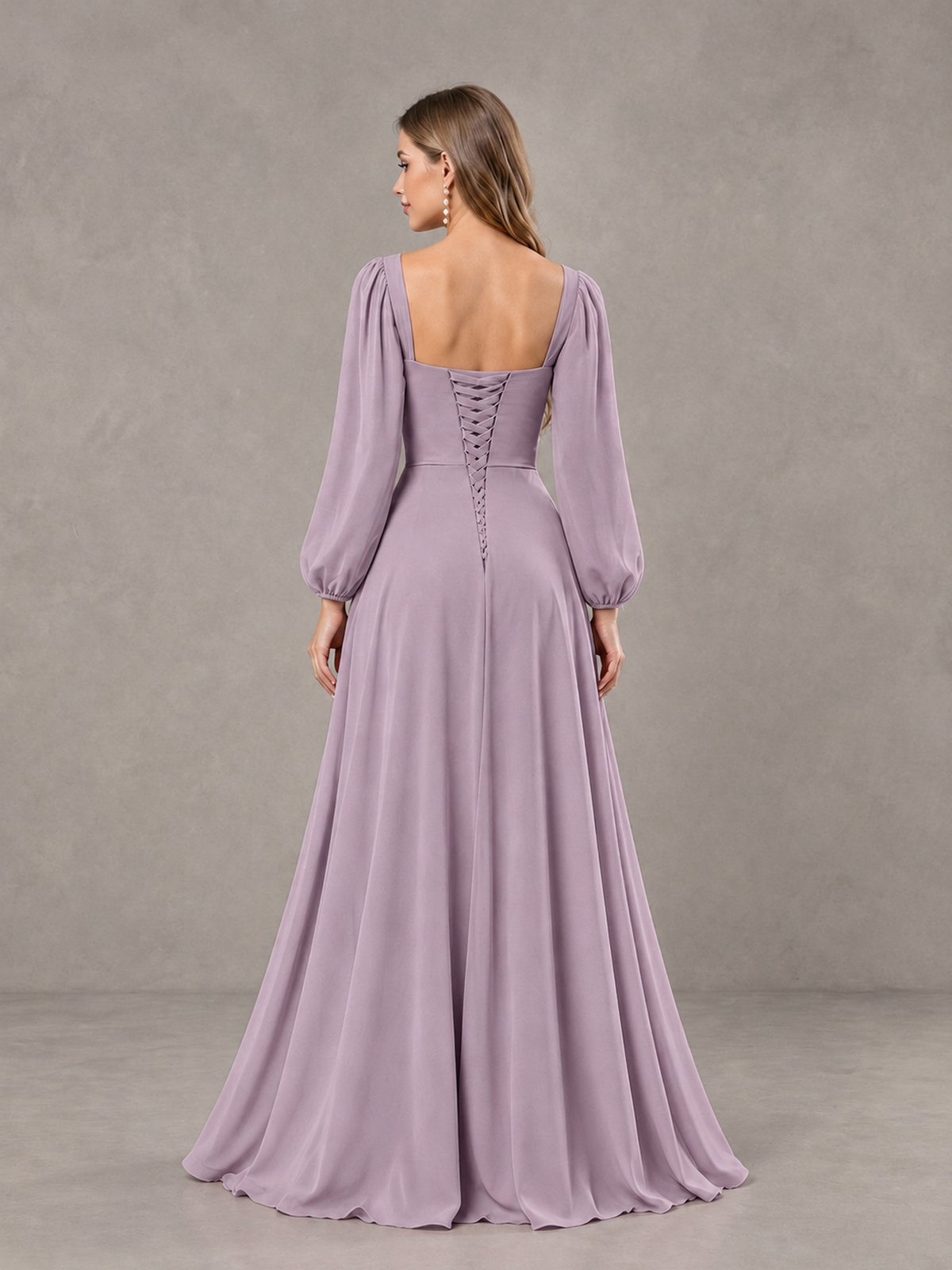 BOLODOO Dusty Purple Square Neck Long Sleeve Bridesmaid Dress with Ruffle Slit - Dusty Purple - Dusty Purple_2