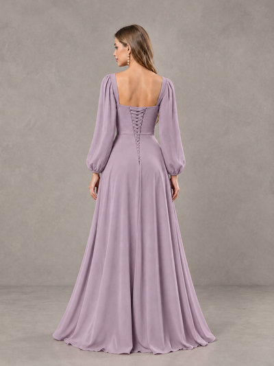 BOLODOO Dusty Purple Square Neck Long Sleeve Bridesmaid Dress with Ruffle Slit - Dusty Purple - Dusty Purple_2