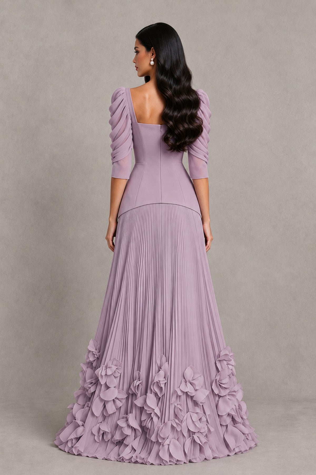 BOLODOO Dusty Purple Square Neck Pleated Floral Applique Evening Dress - Dusty Purple - Dusty Purple_2