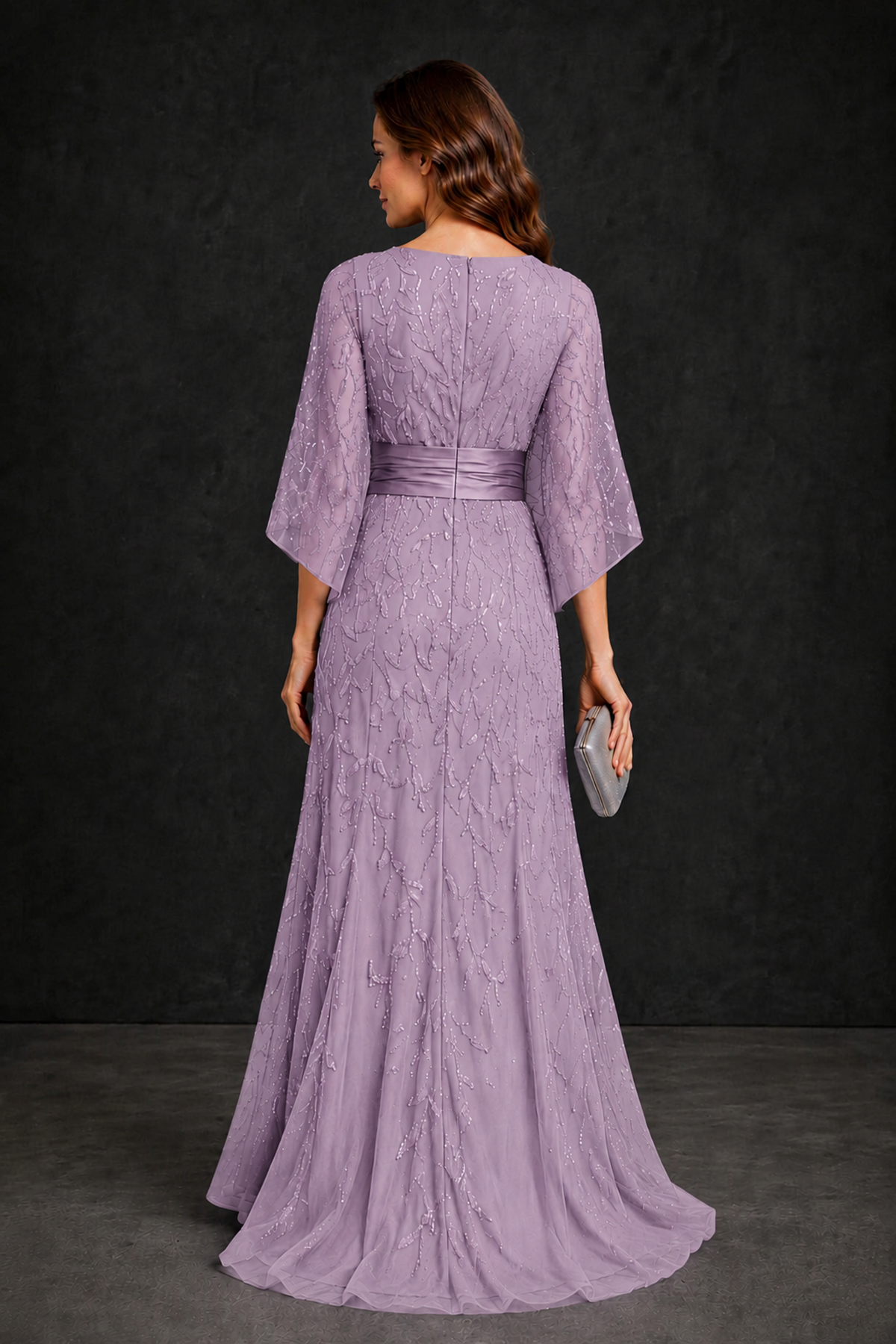 BOLODOO Dusty Purple Bateau Neck Bell Sleeve Sequin Embroidered Satin Waist A-Line Maxi Dress - Dusty Purple - Dusty_Purple_2
