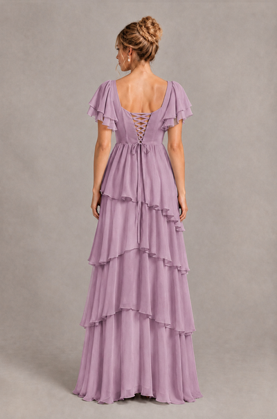 BOLODOO Dusty Purple Square Neck Flutter Sleeve Tiered Chiffon Bridesmaid Dress with Lace-Up Back - Dusty Purple - Dusty Purple_2