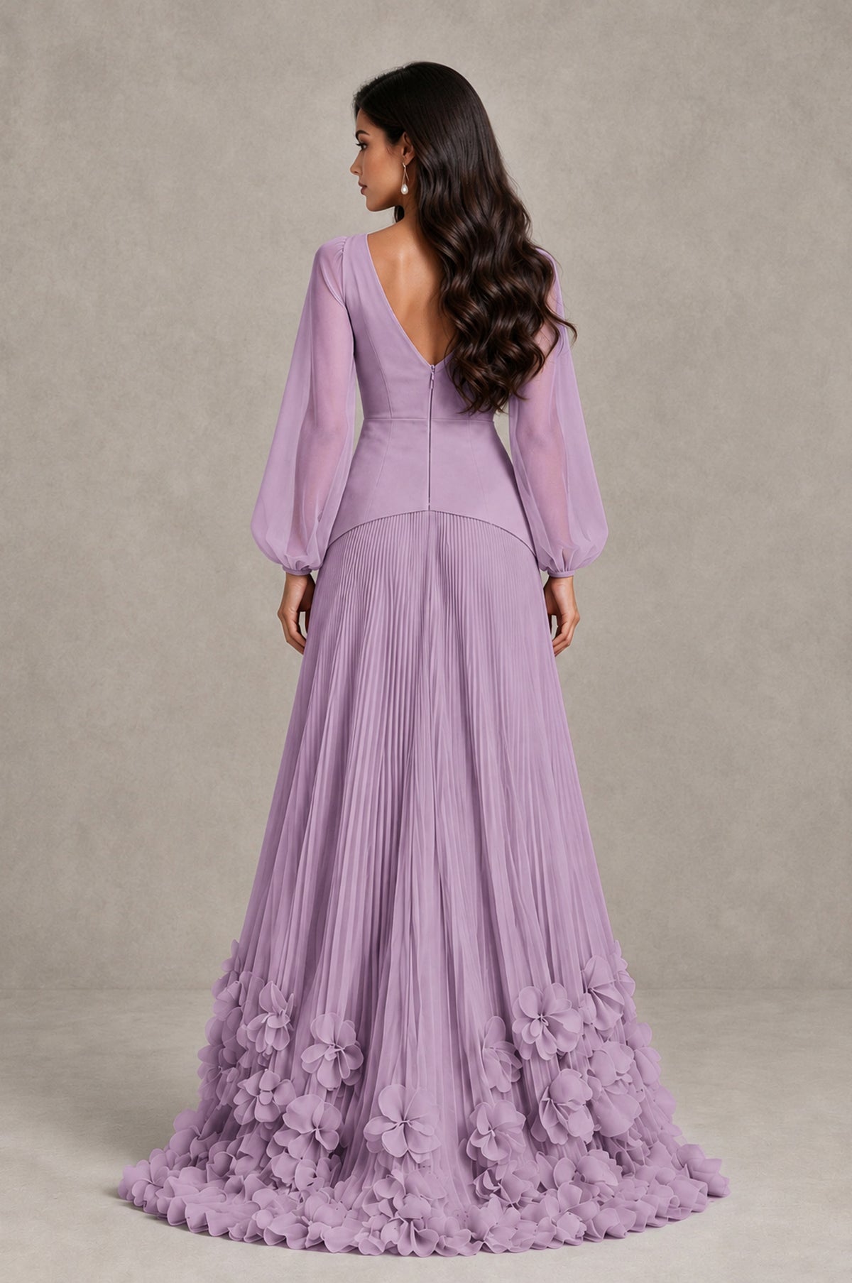 BOLODOO Dusty Purple V-Neck Long Sleeve Pleated Floral Hem Evening Dress - Dusty Purple - Dusty Purple_2