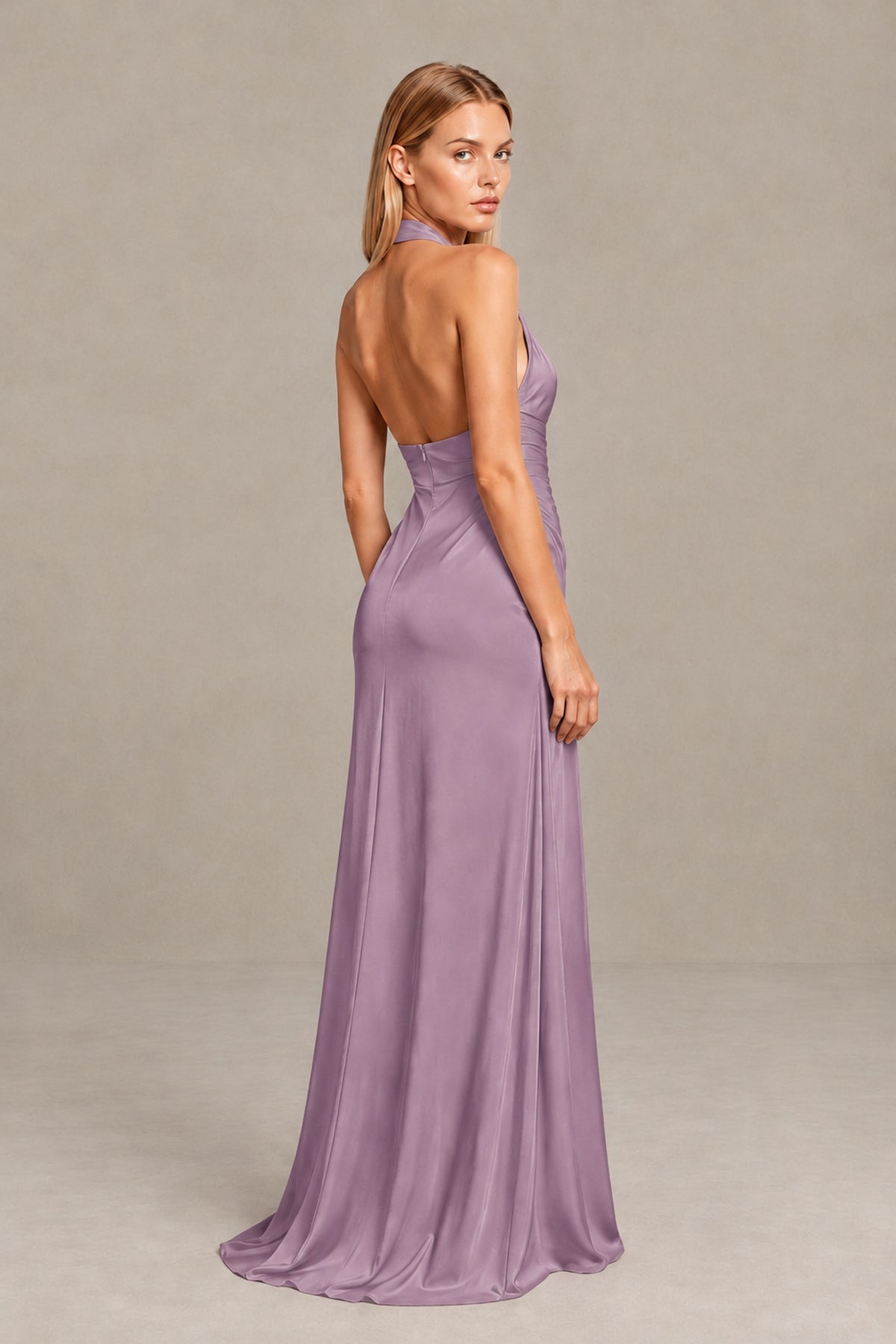 BOLODOO Dusty Purple Twisted Halter Neck Ruched Sleeveless Open Back Floor-Length Gown - Dusty Purple - Dusty_Purple_2
