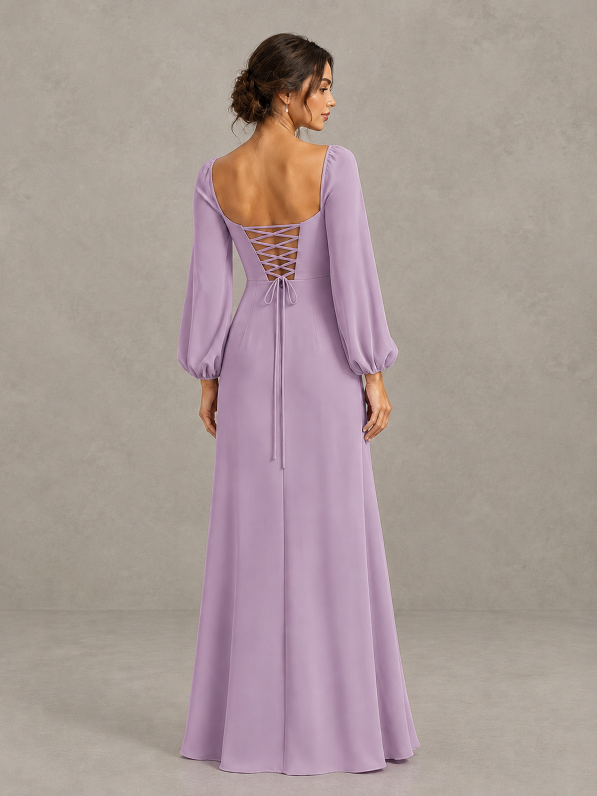 BOLODOO Dusty Purple Square Neck Long Sleeve Bridesmaid Dress with High Slit - Dusty Purple - Dusty Purple_2