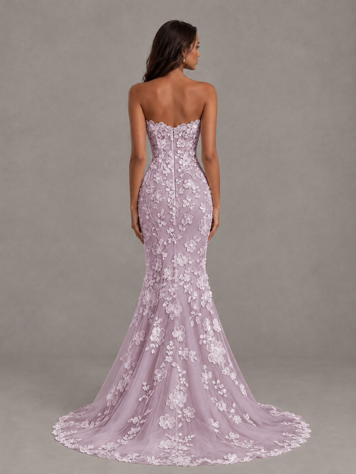BOLODOO Dusty Purple Strapless 3D Floral Lace Mermaid Prom Dress with Train - Dusty Purple - Dusty Purple_2