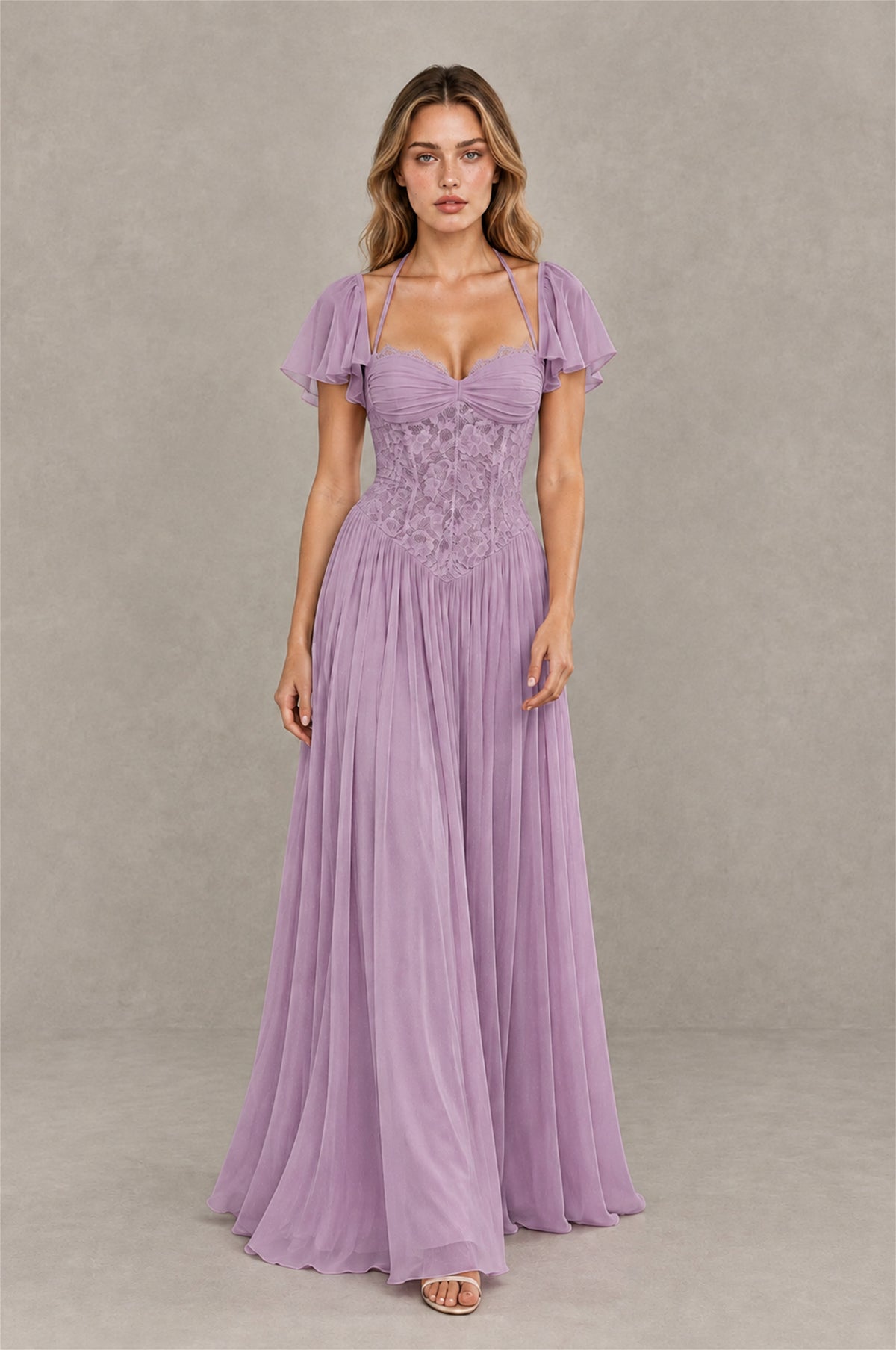 BOLODOO Dusty Purple Flutter Sleeve Lace Corset A-Line Maxi Dress - Dusty_Purple - Dusty_Purple_3