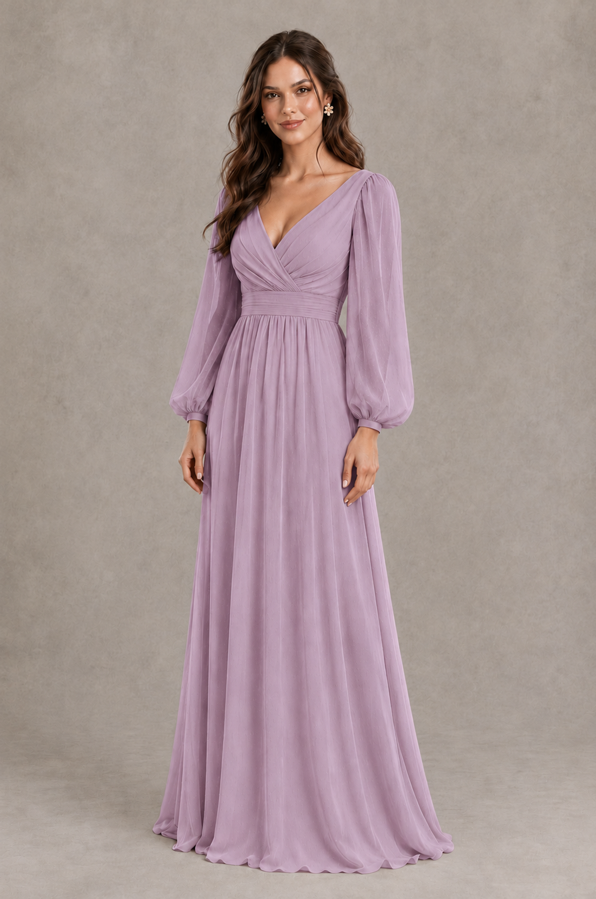 BOLODOO Dusty Purple Long Sleeve V-Neck A-Line Bridesmaid Dress - Dusty Purple - Dusty Purple_3