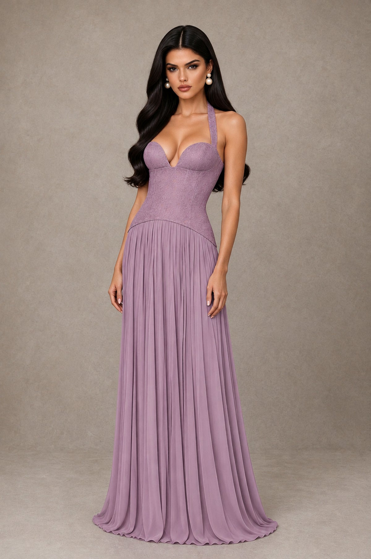 BOLODOO Dusty Purple Halter Corset Pleated A-Line Evening Dress - Dusty Purple - Dusty Purple_3